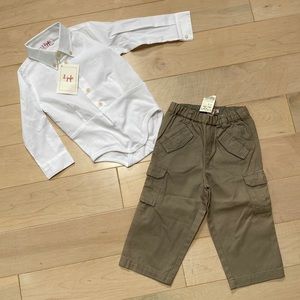 Il Gufo Bonpoint boys white dress shirt bodysuit & khaki pull on pants